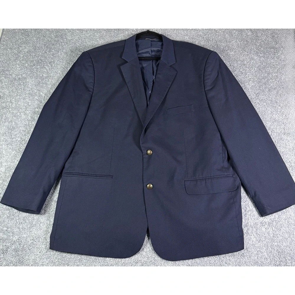 Oak Hill Perfect Fit Sport Coat Blazer Mens 52L Navy Blue Brass Buttons Stretch
